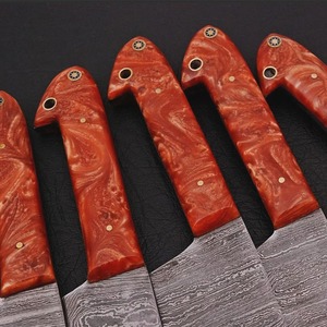 Ensemble de couteaux de chef OEM avec logo personnalisé, 5 pièces, couteaux en acier Damas, manche en résine époxy, lame droite, garantie 1 an - Product Image 2