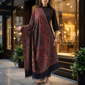 Chal Pashmina Kashmirí para Mujer, Largo, Reversible, para Invierno, Color Rojo Oscuro, con Estampado y Flecos, para Uso Diario - Product Image 2