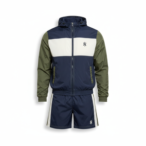 Men's Beige Windproof Tracksuit Hooded <b>Zip</b>-<b>Up</b> <b>Jacket</b> & Shorts Set Lightweight Polyester Sporty Design Solid Color Front Logo - Product Image 4