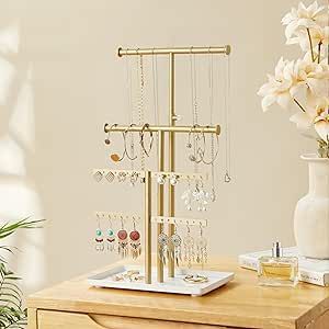Minimal Tabletop Jewelry Organizer Metal Rack Stand for <b>Earrings</b> Necklace <b>Holder</b> with Tray Base for Stylish Home Storage Setup - Product Image 6
