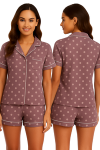 Ensemble de pyjama à manches courtes pour femmes, imprimé floral bleu, avec col rabattu, fermeture à boutons, vêtements de nuit d'été - Product Image 6