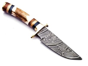 มีดสกินเนอร์เหล็กดามัสกัสแบบสั่งทำพิเศษ ด้ามเขาสัตว์ ใบมีดแบบ Fixed Blade ปลายแหลมตรง พร้อมปลอกหนัง - Product Image 6
