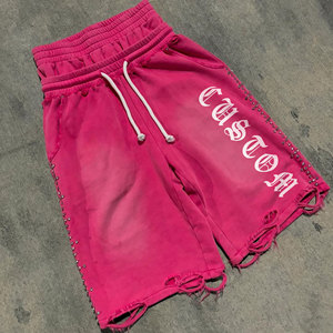Shorts d'été personnalisés pour hommes, grande taille, coupe ample, style jogger, en molleton bouclette, avec strass, effet usé, ourlet brut et double ceinture - Product Image 2