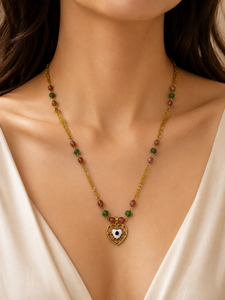 Collar Personalizado con Baño de Rodio, Colgante de Corazón, Múltiples Piedras Preciosas, Cuarzo Rosa, Ágata Verde, Cadena con Cuentas, Joyería Fina para Mujer - Product Image 1
