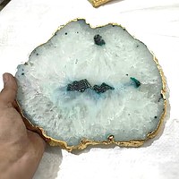 Plato de Servir de Ágata Verde Chapado en Oro, Artesanía de Cristal Hecha a Mano con Estilo Feng Shui, Accesorios de Cocina de Piedras Preciosas Naturales
