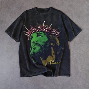 Fabricante de Ropa, Camiseta Personalizada 100% Algodón, Estilo Vintage, Lavado Ácido, con Diseño Gráfico de Pedrería, Impresión DTG de Alta Calidad - Product Image 1
