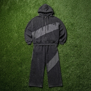 Conjunto de chándal de dos piezas con sudadera con capucha extragrande con cremallera y pantalones de chándal de pierna ancha con patchwork, estilo lavado personalizado - Product Image 5
