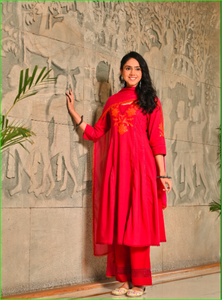 Magenta Applique Work Anarkali Cotton Kurta Dupatta Set - Product Image 3
