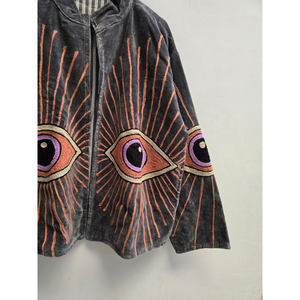 <b>Women</b>’s Gray Velvet Zip-Up Bomber Jacket with Stand Collar, Y2K Embroidered Eye Design, Vintage Streetwear Autumn <b>Coat</b> - Product Image 4