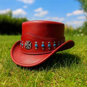 Wholesales Custom made Handmade <b>Red</b> Leather Cowboy <b>Top</b> <b>Hat</b> Turquoise Studded Western Gothic Cross Biker <b>Hat</b> - Product Image 4