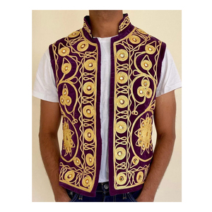 <b>Men's</b> Winter Vintage <b>Purple</b> Velour Embroidered <b>Waistcoat</b> Stand Collar Open Front Gold Embroidery Suits - Product Image 1