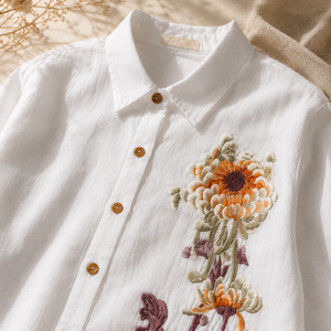 Camisa de Manga Larga de Algodón Blanco para Mujer, Blusa Casual con Botones y Bordado Floral Grande para Venta al por Mayor B2B - Product Image 2