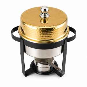 Stainless Steel Chafing Dish Food Warmer Round <b>Hammered</b> Gold Lid Black Stand Catering Durable Non-Stick Middle Eastern Design - Product Image 1
