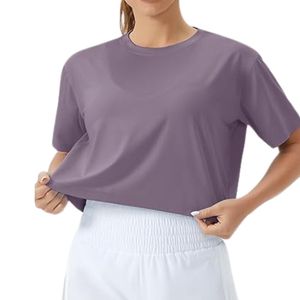 Lavender Crew Neck Women Yoga <b>Crop</b> <b>Tops</b> Cotton Blend Skin Friendly Commercial Exercise Tees - Product Image 3