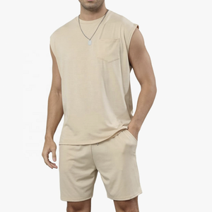 High Street Plus Size Men's 2-Piece Summer Tracksuit <b>Set</b> 100% Cotton Terry Fabric Sleeveless T-Shirt & Tank Top Short <b>Sets</b> - Product Image 3