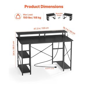 47\" LED-Lit Gaming <b>Desk</b> with Power Outlets 2-Tier Storage Shelves & Monitor Stand for Study & Work - Product Image 3