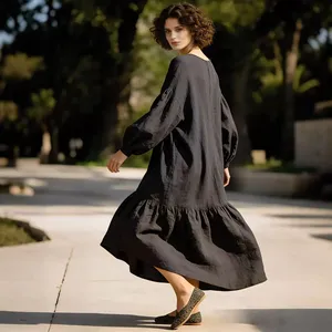 Women Black Cotton Maxi <b>Dress</b> O Neck <b>Long</b> Sleeve Loose Fit <b>Boho</b> Casual Flowy Summer <b>Dress</b> - Product Image 1