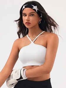 Women Cross Halter Neck Sports <b>Bra</b> High Neck Ribbed Seamless Workout Bralette Removable Padded <b>Open</b> Back Fitness Crop Top - Product Image 1