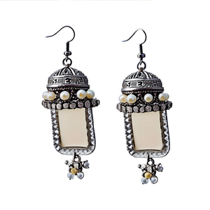 German Silver Religious Drop Earrings with Pearl Quartz & Diamond Accents - Product Image 2