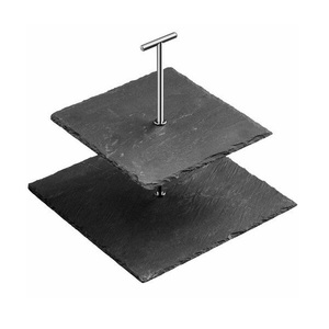 Bandeja de Dos Niveles Cuadrada de Piedra Natural para Postres y Aperitivos con Asa Metálica, Moderna, para Cumpleaños, Hogar y Cocina - Product Image 1