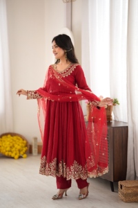 Crush Silk Sequence Embroidery Anarkali <b>Top</b> Suit Set With Stitched Micro Cotton Pant And <b>Net</b> Lace Border For Women HI 1723 - Product Image 6