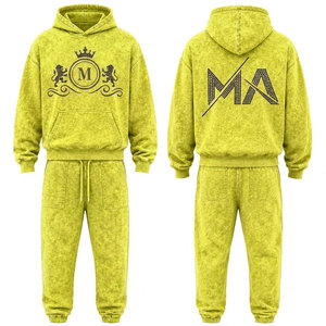 Conjunto Deportivo para Hombre, Amarillo, Lavado Ácido, 100% Algodón, 480 gsm, Alta Calidad, con Pedrería, Pantalones Largos con Cordón Ajustable, Ropa Casual - Product Image 1