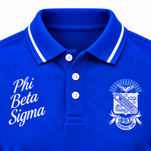 เสื้อโปโลชายสีน้ำเงินรอยัล แบรนด์ Phi Beta Sigma ปักลายตราสัญลักษณ์ แขนสั้น คอปกสีขาวลายทาง เสื้อโปโลลำลองสำหรับกิจกรรมสันทนาการ - Product Image 5
