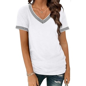 2024 été à la mode décontracté femmes à manches courtes hauts rayé couleur bloc décolleté et manches garniture t-shirts col en V t-shirt ample - Product Image 1