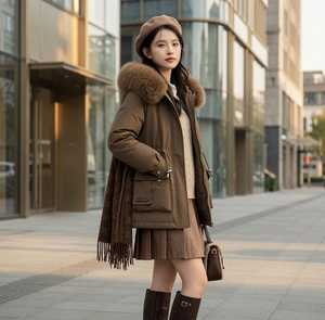 Chaqueta Acolchada Marrón para Mujer con Capucha de Piel, Cierre de Cremallera, Manga Larga, Resistente al Viento, Abrigo de Invierno con Relleno Grueso de Poliéster - Product Image 4