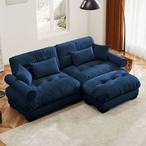 Modern Oversize 2-Seater Velvet <b>Sofa</b> with Ottoman Bolster Armrests Waist <b>Pillow</b> Throw <b>Pillows</b> for Living Room - Product Image 1