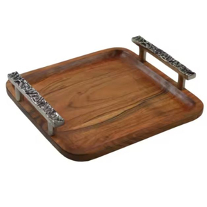 Plateau de service décoratif en bois de manguier fait main avec poignées en laiton antique à motifs floraux, plateau rectangulaire en bois de luxe pour mariages - Product Image 6