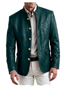 <b>Men's</b> Vintage PU Leather Stand Collar Blazer Gold Button Casual Business <b>Jacket</b> With Flap Pocket Front Slim Fit <b>Smart</b> Casual - Product Image 1