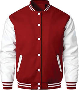 Veste universitaire rouge pour homme, manches blanches, col rabattu, fermeture boutonnée, couleur unie, vêtement décontracté pour l'automne - Product Image 1