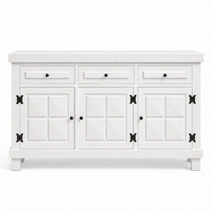 Buffet de style Shaker blanc en bois massif à 3 portes avec tiroirs et rangements pour salon - Product Image 1