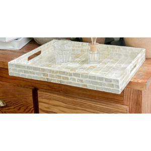 Plateau rectangulaire de luxe en nacre avec poignées, mosaïque florale faite à la main, plateau décoratif pour table basse ou ottoman - Product Image 3