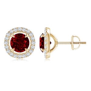 14kt Yellow Gold Natural Ruby Halo Stud <b>Earrings</b>, Round Ruby Diamond <b>Earrings</b>, Screw Back <b>Fine</b> Jewelry for Women Gift for Wife - Product Image 1