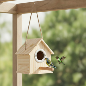 Hanging Wooden Bird House Outdoor <b>Garden</b> Nesting Box Natural Wood Birdhouse with Perch and Metal Entrance Ring - Product Image 1