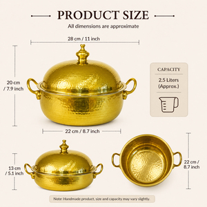 Elegant Hammered Design Brass <b>Serving</b> <b>Dish</b> With Lid. Gold Plating Finish Premium Insulated Hot Pot For Luxury Dining & Catering - Product Image 3