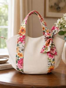Floral <b>Canvas</b> <b>Tote</b> Bag with Bow Decoration Women Casual Daily Use 100% Cotton Two Handles Eco Friendly Reusable - Product Image 1