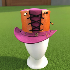 Premium quality custom Handmade Unisex Purple Orange Leather <b>Top</b> Hat Steampunk Lace Up Cosplay Festival Wear - Product Image 1