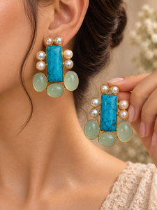 Pendientes Colgantes Hechos a Mano con Perlas de Agua Dulce Turquesa Aqua Onyx, Bañados en Oro de 18K, con Cabujones de Diseño y Gotas de Piedras Preciosas Naturales - Product Image 1