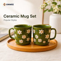 Set Mug Keramik Motif Bunga Hijau Desain Daisy OEM Mug Kopi Keramik Label Pribadi Mug Keramik Grosir Mug Keramik B2B