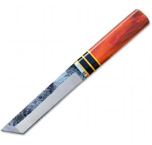 Cuchillo Utilitario Hecho a Mano al Estilo Japonés, Forjado a Mano, con Mango de Resina Ámbar y Funda de Cuero Repujado - Product Image 5