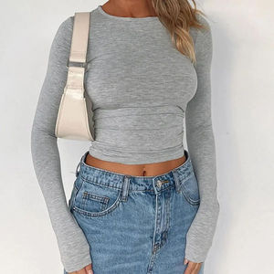 Haut court plissé uni à manches longues et col rond en tricot de spandex et polyester pour femme grande taille, style décontracté, longueur courte - Product Image 5