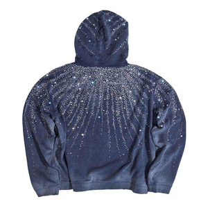 Wholesale Heavyweight Acid Wash Men's 100% Cotton Double Zip Hoodie Comfortable Baggy Custom Rhinestone Hoodies - Product Image 1