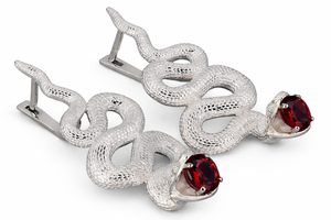 925 Silver Snake <b>Fine</b> <b>Stud</b> <b>Earrings</b> Textured Animal Ear Jewelry Garnet Stone Accent Gift - Product Image 4