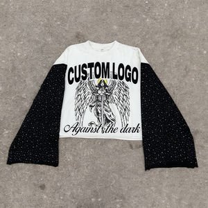 เสื้อยืดผู้ชาย OEM สีสันตัดกันสไตล์วินเทจ ผ้าหนานุ่ม เสื้อยืดพิมพ์ลายกราฟิกตามสั่ง ทรงบ็อกซี่ ประดับคริสตัล แขนยาว - Product Image 1