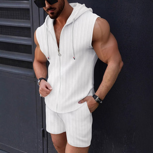 Men's Light Blue Sleeveless Hoodie <b>Set</b> <b>Knitted</b> Polyester Casual Summer Wear Breathable Solid Color Plus Size - Product Image 4