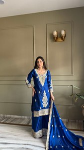 Premium satin designer embellishment embroidery top plazzo <b>elastic</b> waist 41 inch dupatta <b>lace</b> border ethnic wear women set - Product Image 4