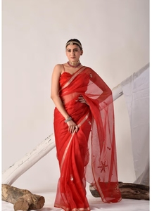KV <b>Red</b> Kota Hand Embroidered Saree With Unstitched <b>Blouse</b> - Product Image 1
